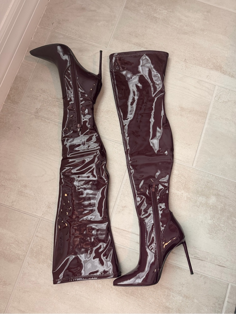 Steve Madden Burgundy Patent Over-the-Knee Stiletto Boots - Picture 4 of 9